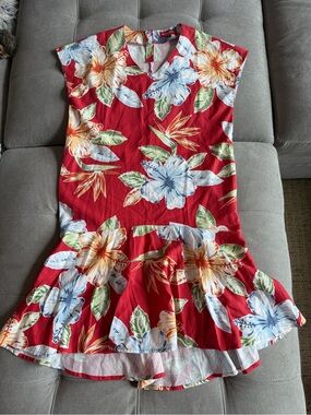 Authentic Okinawa Japan Floral Tropical Dress Red Blue Hibiscus Kariyushi Mango